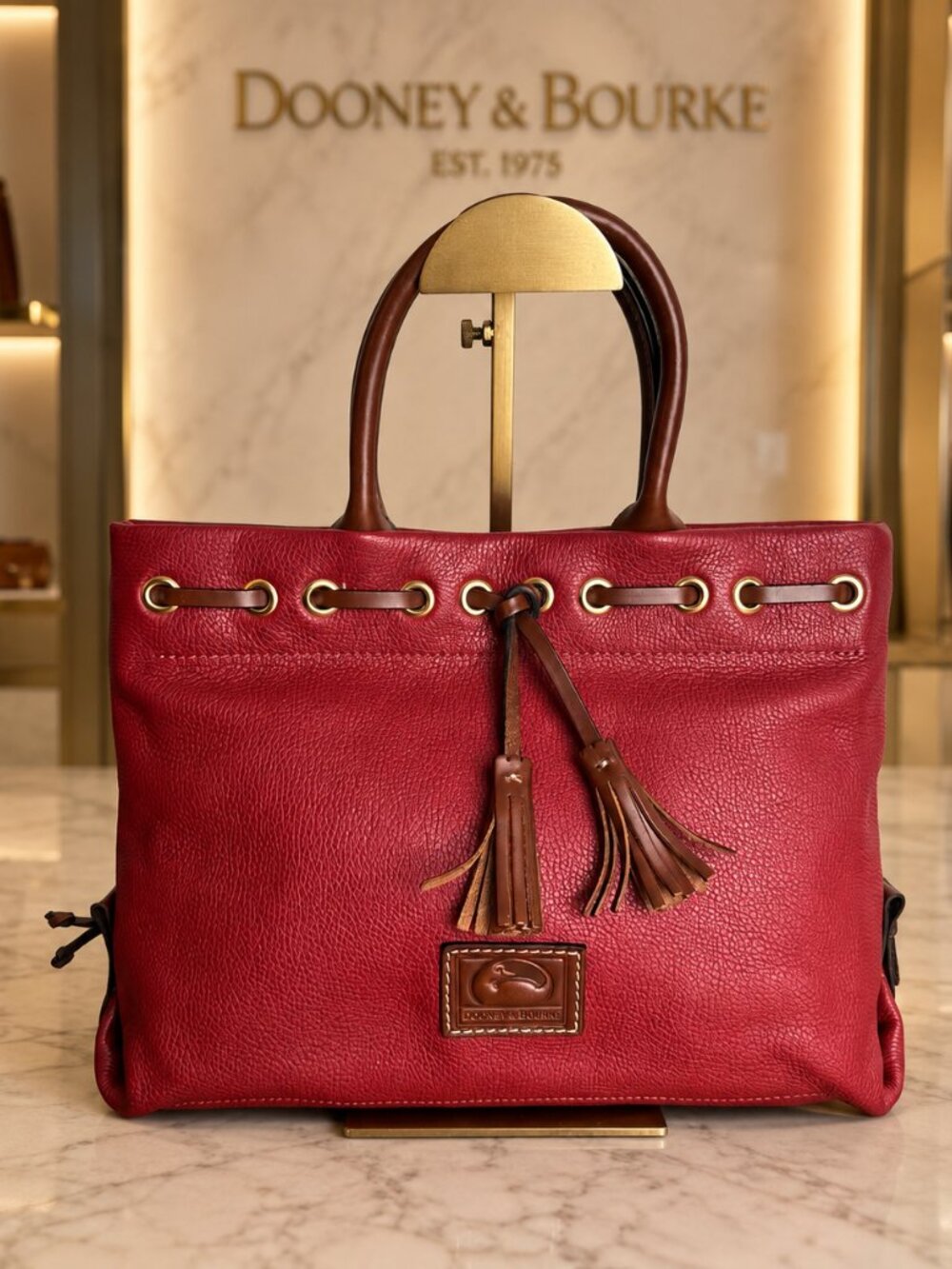 Dooney & Bourke Wakefield Tassel Tote Bag Red Brown Trim Pebble Leather